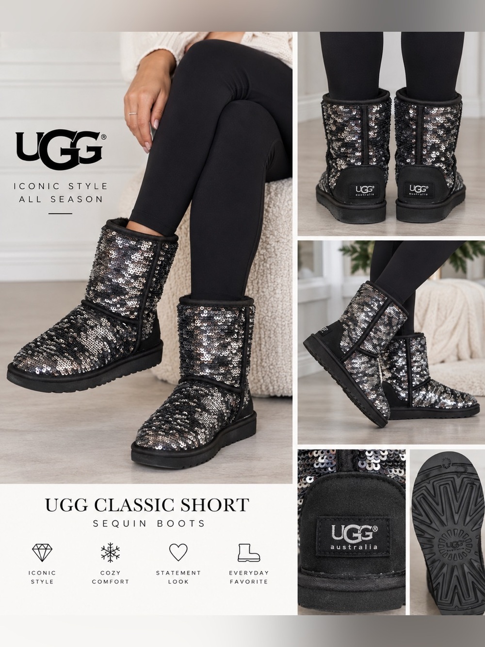 UGG Australia Black Silver Sequin Classic Short Boots Girls Size 3